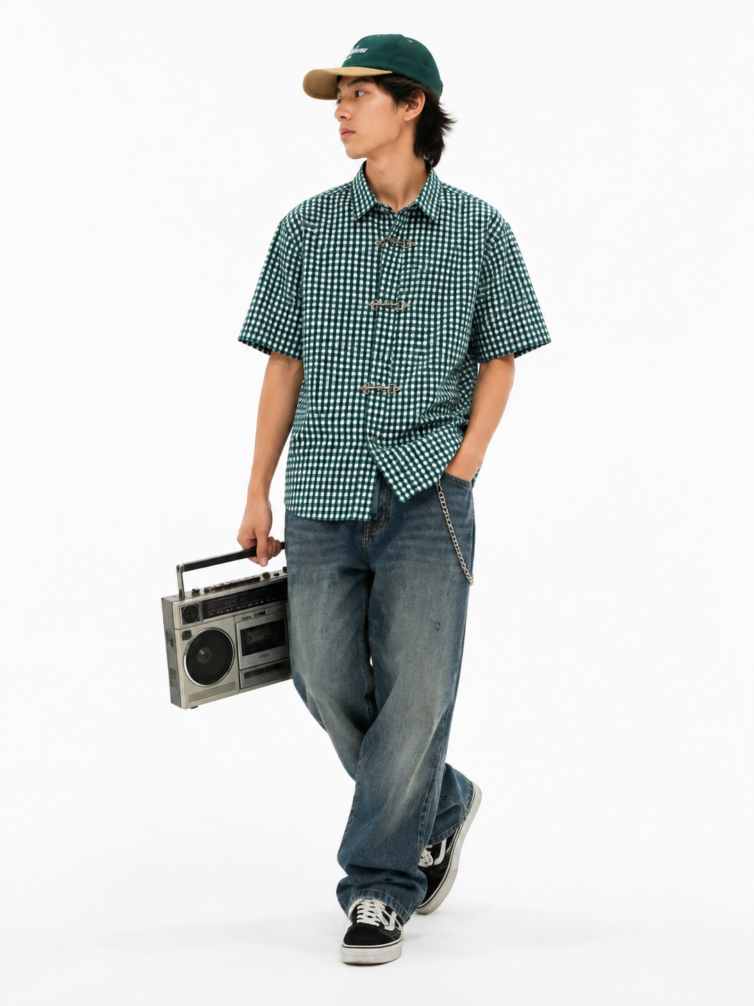 Green Check Clasp Boxy Fit Shirt